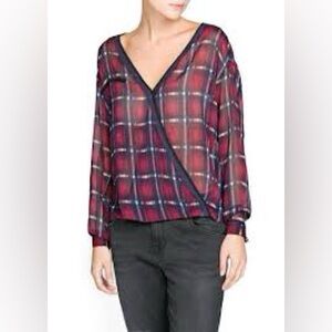 MNG Collection Plaid Sheer Wrap-Front Blouse in Burgundy Size 8